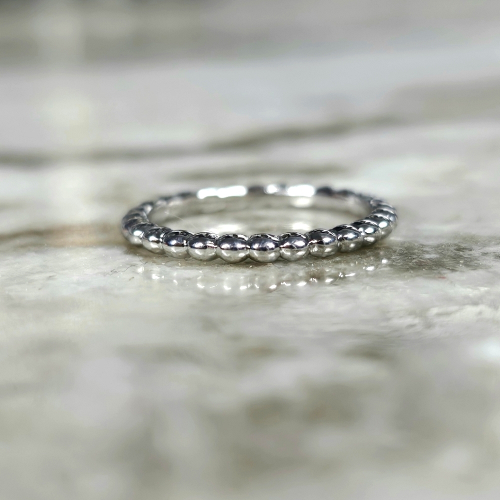 Beaded Dainty 14k White Gold Plated Stacking Ring - Picture 4 of 5